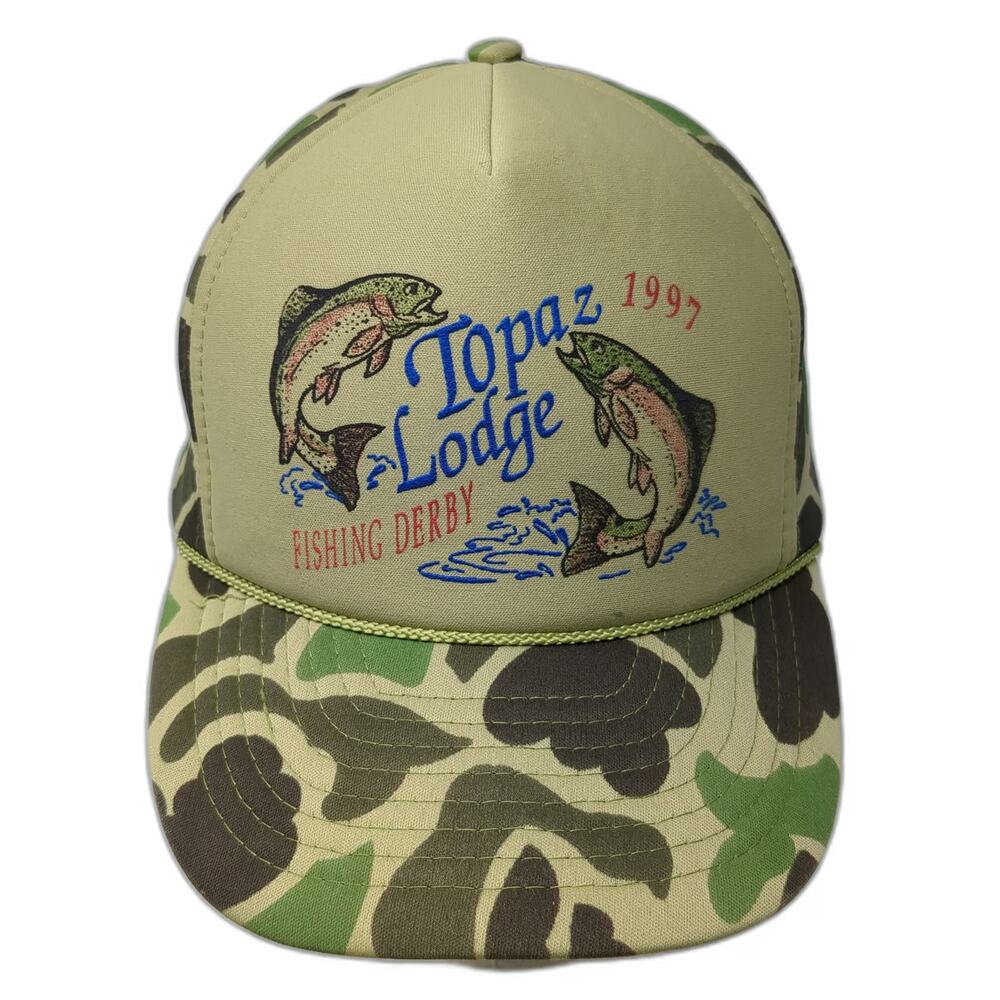 Nissin Cap 5 Panel Green One Size Camo Topaz Lodge Fishing Derby 1997 Hat